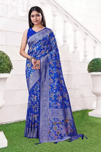  Cobalt Blue silk blend Raw Saree with Zari & Floral Thread Work