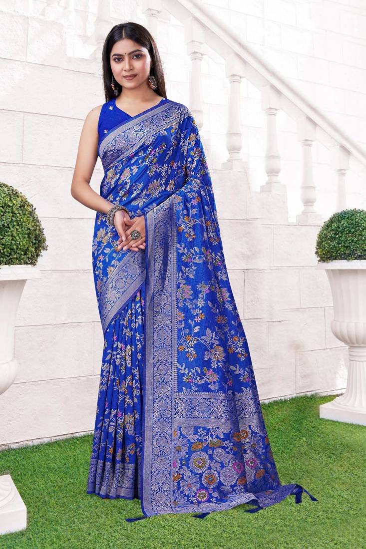  Cobalt Blue silk blend Raw Saree with Zari & Floral Thread Work