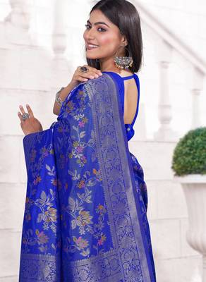  Cobalt Blue silk blend Raw Saree with Zari & Floral Thread Work 4