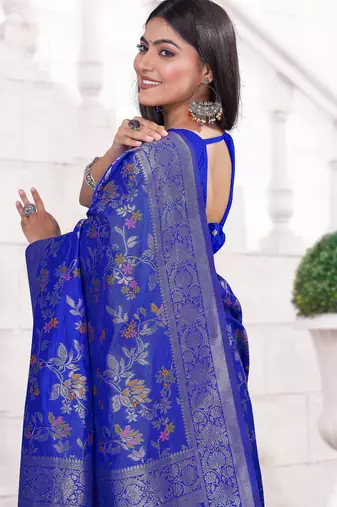  Cobalt Blue silk blend Raw Saree with Zari & Floral Thread Work