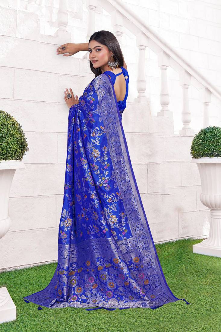  Cobalt Blue silk blend Raw Saree with Zari & Floral Thread Work