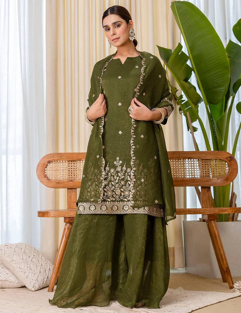 Floral embroidered silk blend round neck kurta trosuer & dupatta set