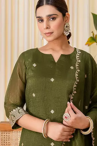 Floral embroidered silk blend round neck kurta trosuer & dupatta set