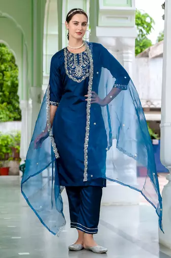 Floral embroidered silk round neck kurta trosuer & dupatta set