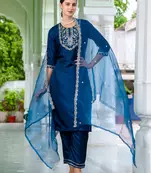 Floral embroidered silk round neck kurta trosuer & dupatta set