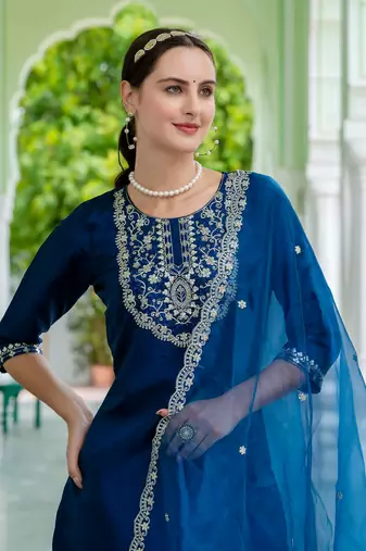 Floral embroidered silk round neck kurta trosuer & dupatta set