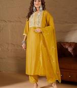 Floral embroidered silk round neck kurta trosuer & dupatta set