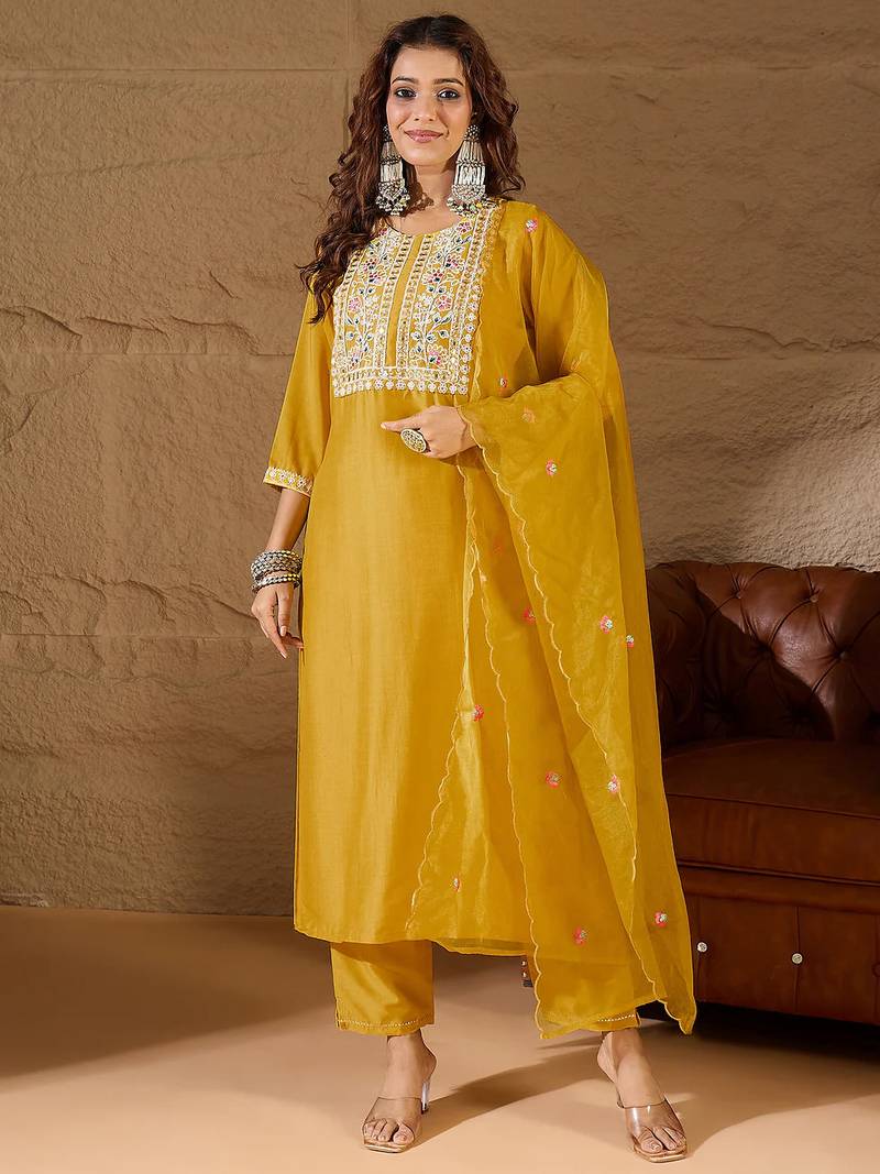 Floral embroidered silk round neck kurta trosuer & dupatta set