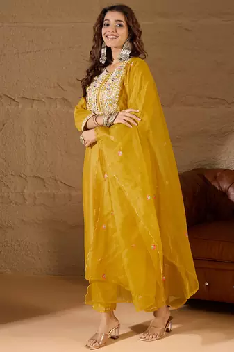 Floral embroidered silk round neck kurta trosuer & dupatta set