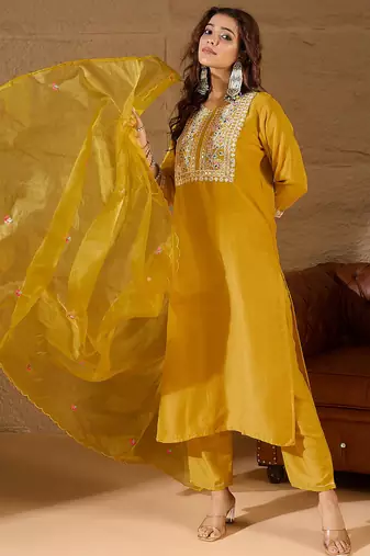 Floral embroidered silk round neck kurta trosuer & dupatta set