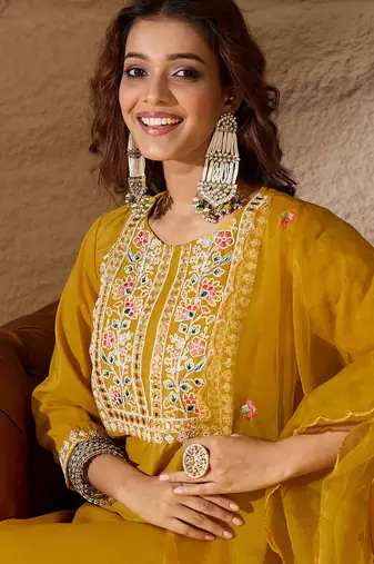 Floral embroidered silk round neck kurta trosuer & dupatta set