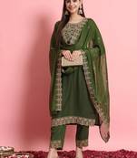 Floral embroidered silk round neck kurta trosuer & dupatta set