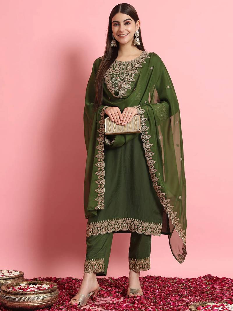 Floral embroidered silk round neck kurta trosuer & dupatta set