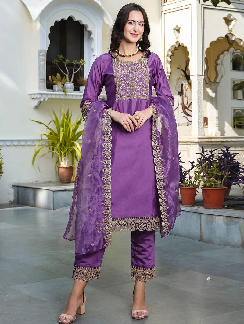 Floral embroidered silk round neck kurta trosuer & dupatta set
