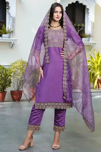 Floral embroidered silk round neck kurta trosuer & dupatta set
