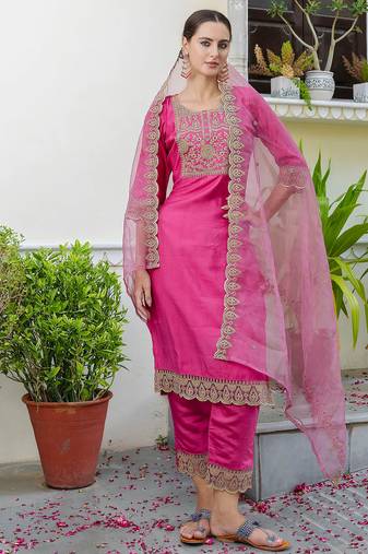 Floral embroidered silk round neck kurta trosuer & dupatta set