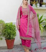 Floral embroidered silk round neck kurta trosuer & dupatta set