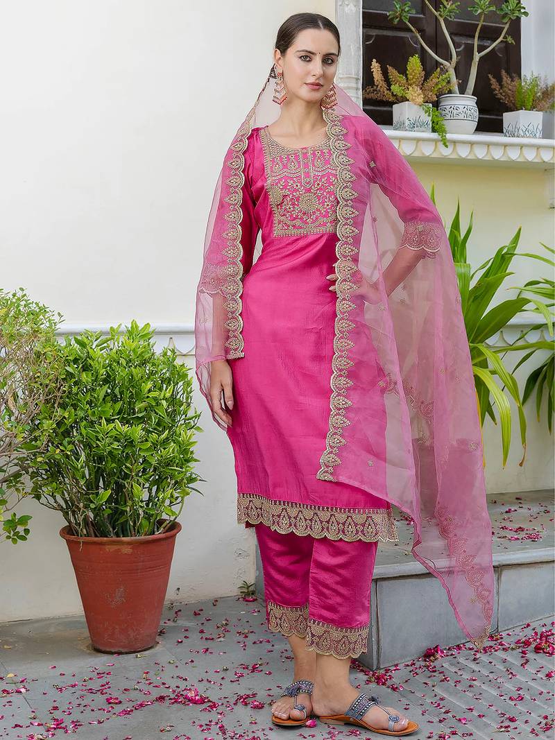 Floral embroidered silk round neck kurta trosuer & dupatta set