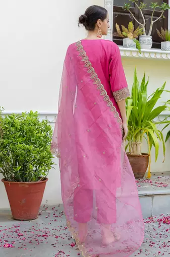 Floral embroidered silk round neck kurta trosuer & dupatta set