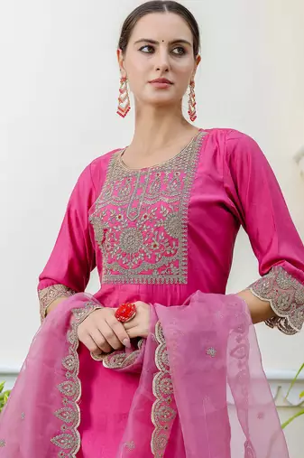 Floral embroidered silk round neck kurta trosuer & dupatta set