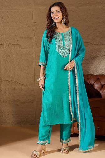 Floral embroidered silk round neck kurta trosuer & dupatta set
