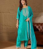 Floral embroidered silk round neck kurta trosuer & dupatta set