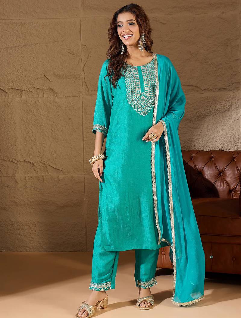 Floral embroidered silk round neck kurta trosuer & dupatta set