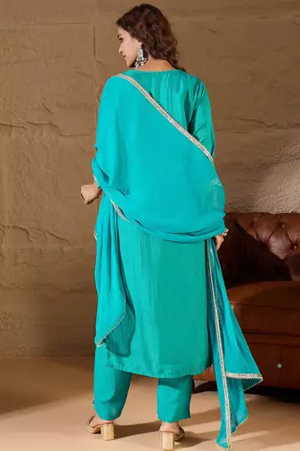 Floral embroidered silk round neck kurta trosuer & dupatta set