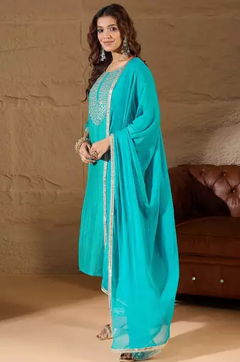 Floral embroidered silk round neck kurta trosuer & dupatta set