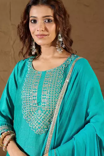 Floral embroidered silk round neck kurta trosuer & dupatta set