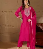 Floral embroidered silk round neck kurta trosuer & dupatta set
