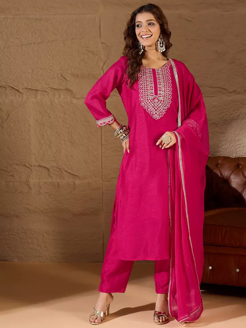 Floral embroidered silk round neck kurta trosuer & dupatta set