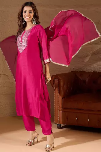 Floral embroidered silk round neck kurta trosuer & dupatta set