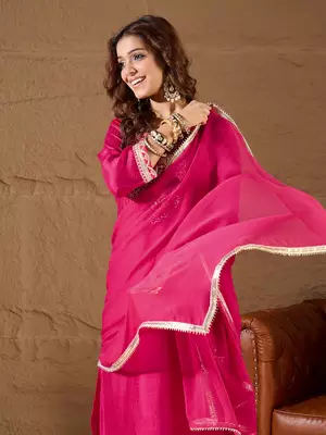 Floral embroidered silk round neck kurta trosuer & dupatta set 3
