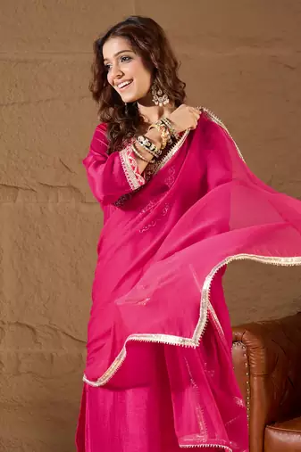 Floral embroidered silk round neck kurta trosuer & dupatta set