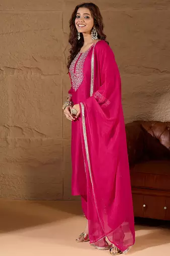 Floral embroidered silk round neck kurta trosuer & dupatta set