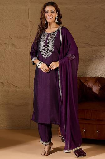 Floral embroidered silk round neck kurta trosuer & dupatta set