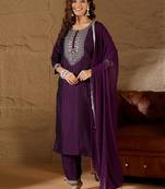 Floral embroidered silk round neck kurta trosuer & dupatta set