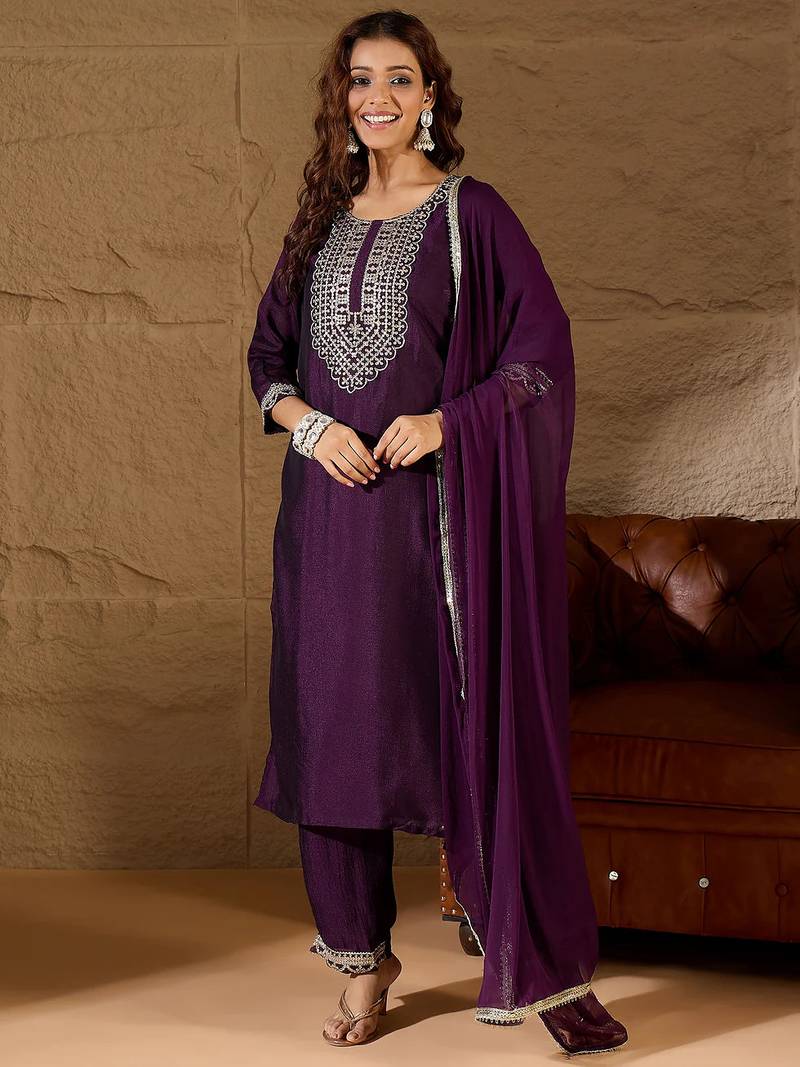 Floral embroidered silk round neck kurta trosuer & dupatta set