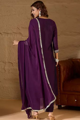 Floral embroidered silk round neck kurta trosuer & dupatta set