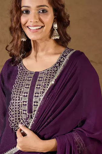 Floral embroidered silk round neck kurta trosuer & dupatta set