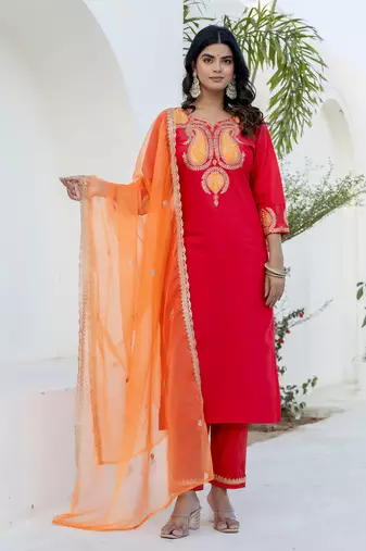 Floral embroidered cotton round neck kurta trosuer & dupatta set