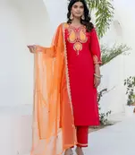 Floral embroidered cotton round neck kurta trosuer & dupatta set