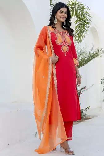 Floral embroidered cotton round neck kurta trosuer & dupatta set