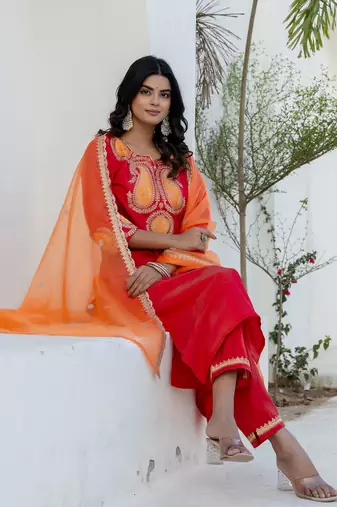 Floral embroidered cotton round neck kurta trosuer & dupatta set