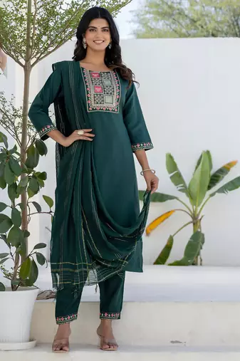 Floral embroidered cotton round neck kurta trosuer & dupatta set