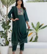 Floral embroidered cotton round neck kurta trosuer & dupatta set