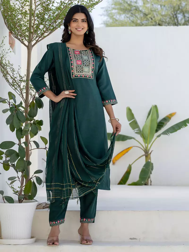 Floral embroidered cotton round neck kurta trosuer & dupatta set