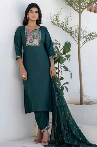 Floral embroidered cotton round neck kurta trosuer & dupatta set