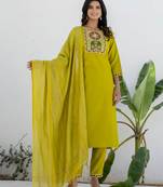 Floral embroidered cotton round neck kurta trosuer & dupatta set